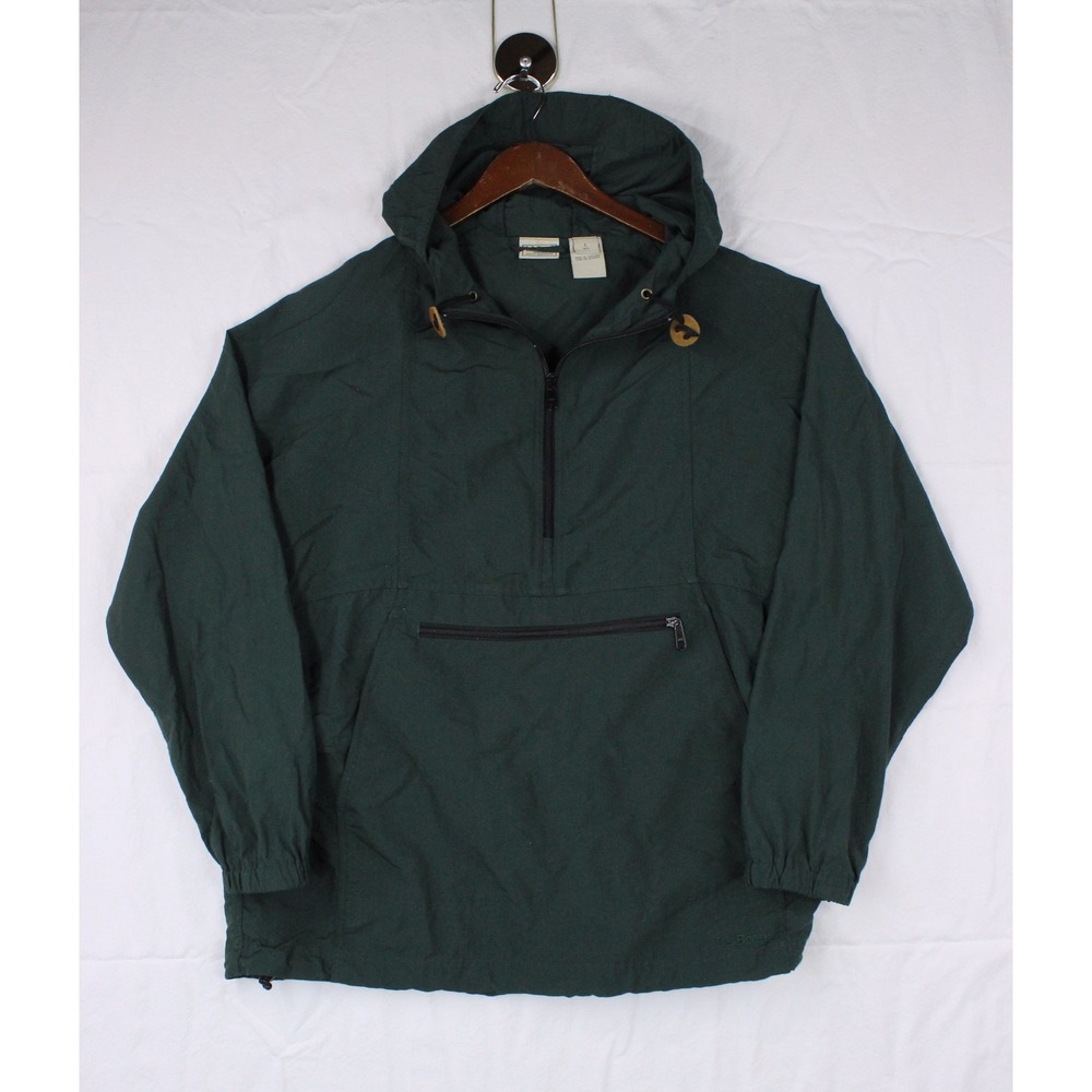 LL Bean Mens Anorak Jacket Large Green Nylon Quarter Zip Windbreaker 274297